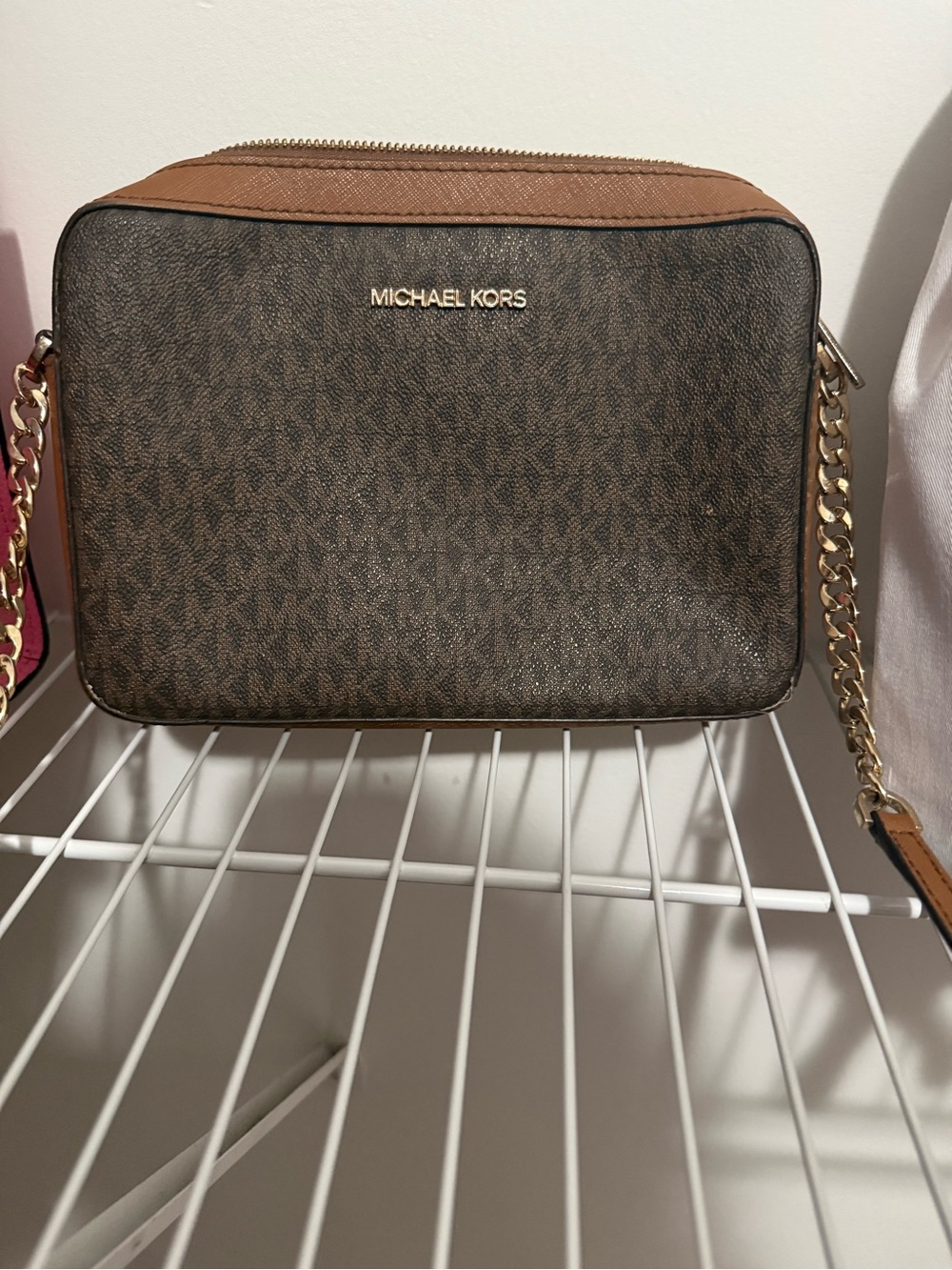 Michael Kors Brown Monogram Crossbody with Gold Chain